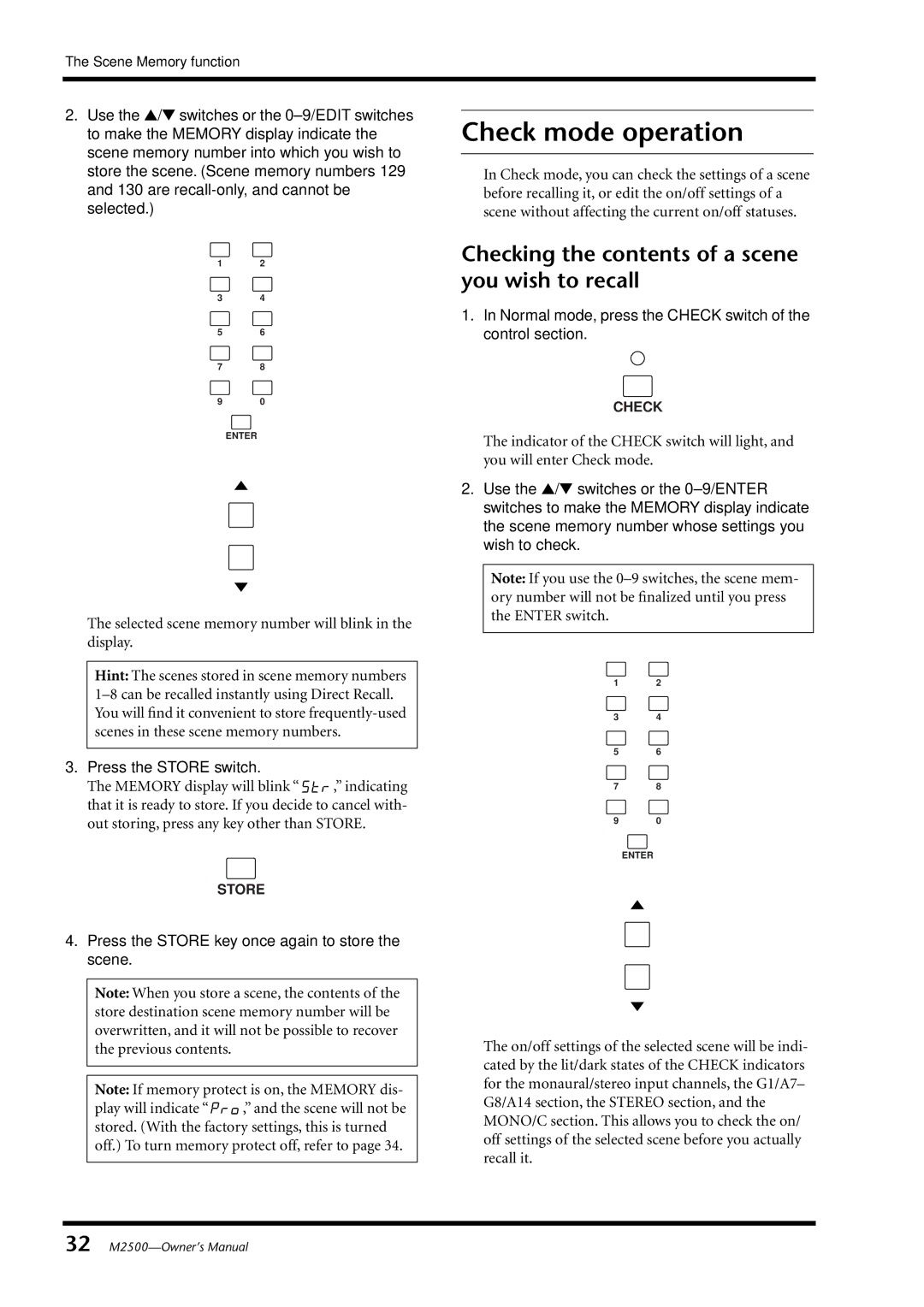 Yamaha Yamaha Mixing Consol, M2500 owner manual Check mode operation, Checking the contents of a scene you wish to recall 