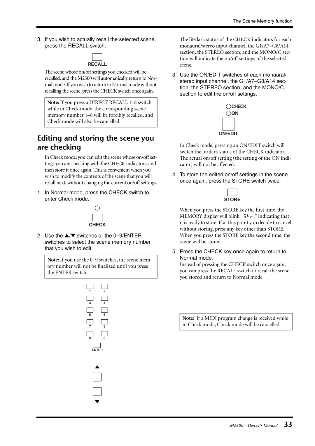 Yamaha M2500 Editing and storing the scene you are checking, Press the Check key once again to return to Normal mode 