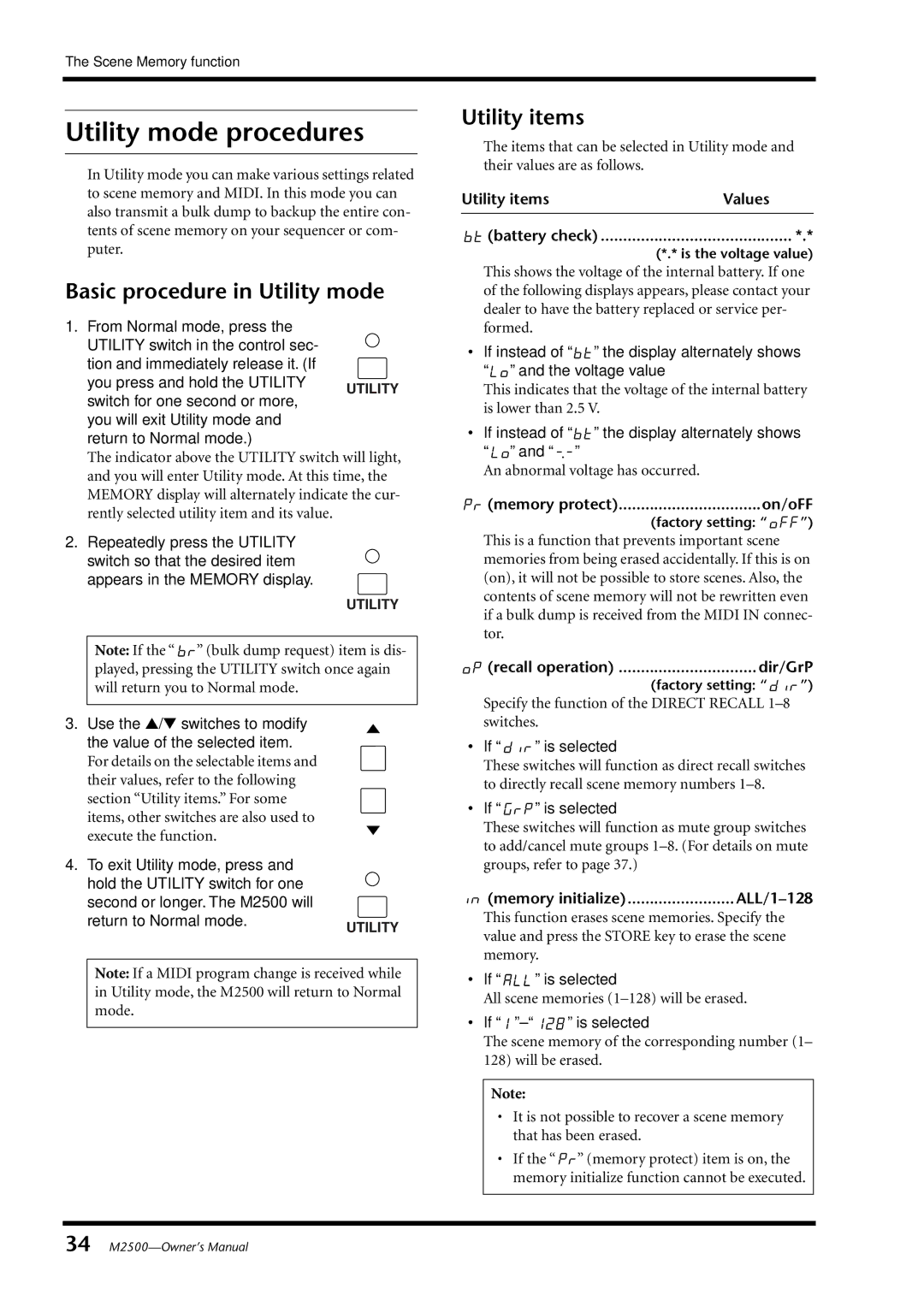 Yamaha Yamaha Mixing Consol, M2500 owner manual Utility mode procedures, Basic procedure in Utility mode, Utility items 