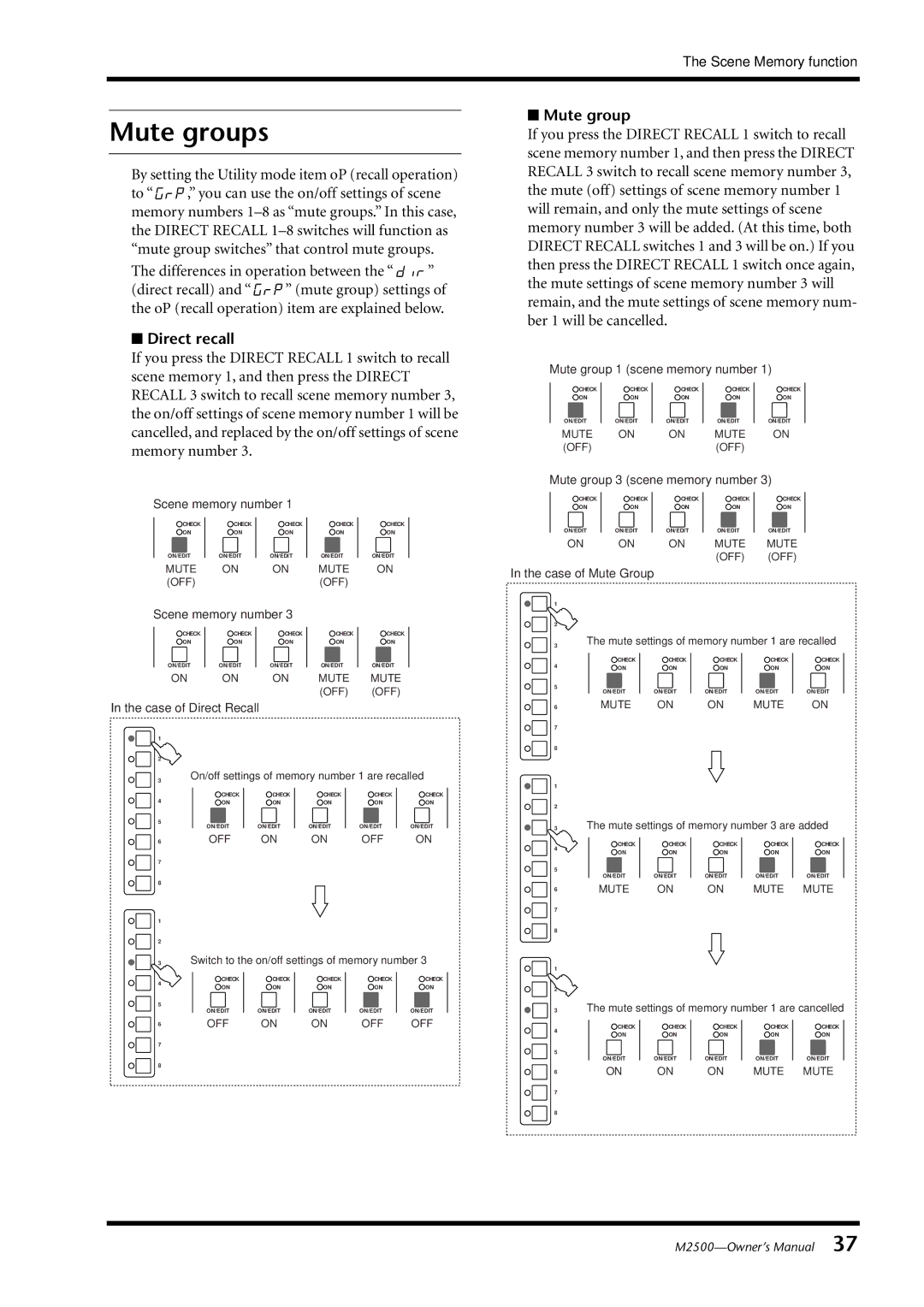 Yamaha M2500, Yamaha Mixing Consol owner manual Mute groups, Direct recall 