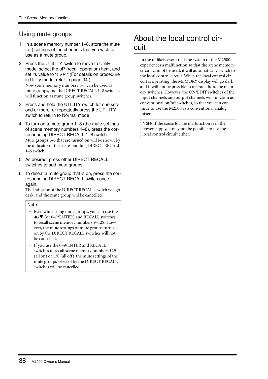 Yamaha Yamaha Mixing Consol, M2500 owner manual About the local control cir- cuit, Using mute groups 