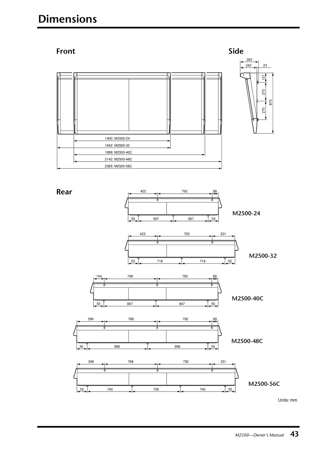 Yamaha M2500, Yamaha Mixing Consol owner manual Dimensions, Front, Rear 