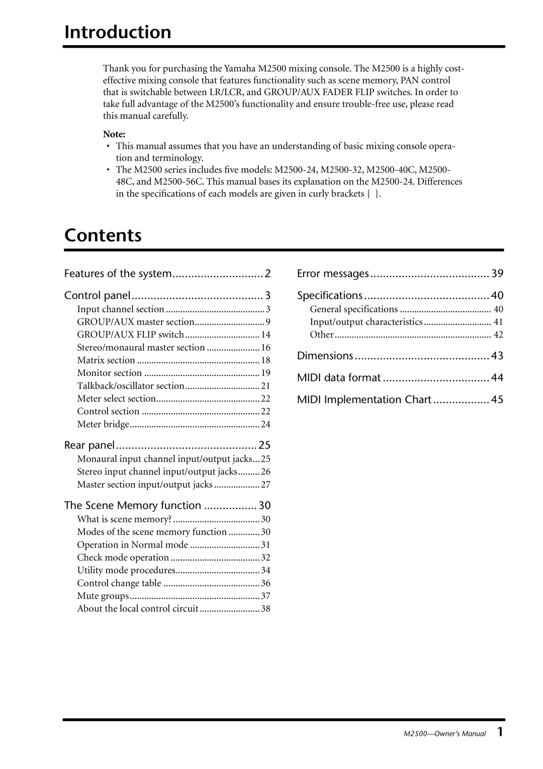 Yamaha M2500, Yamaha Mixing Consol owner manual Introduction, Contents 