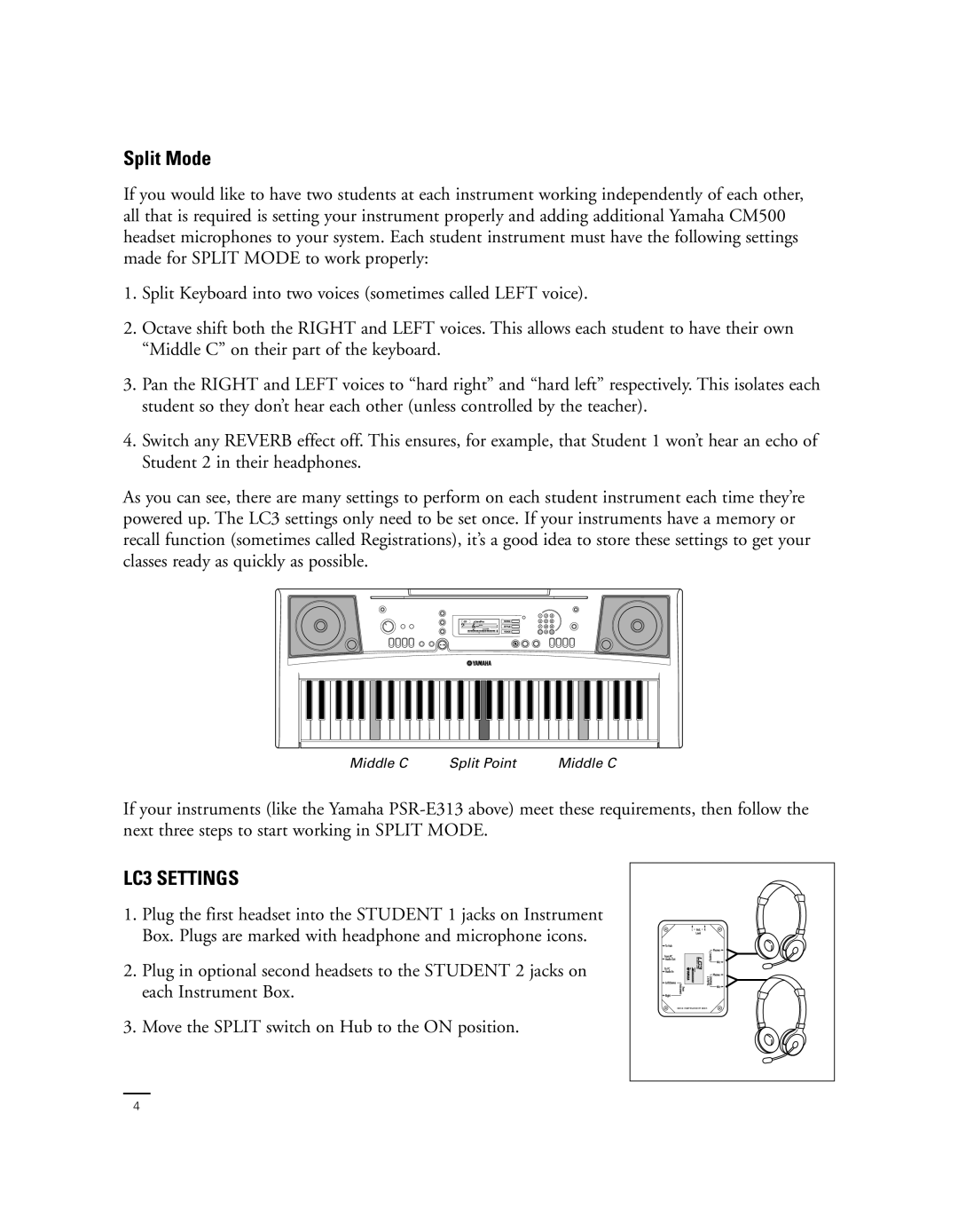 Yamaha Yamaha Music Lab manual Split Mode, LC3 SETTINGS 