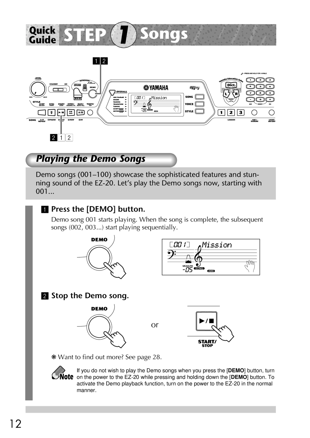 Yamaha Yamaha PortaTone, EZ-20 owner manual Playing the Demo Songs, Press the Demo button, Stop the Demo song 