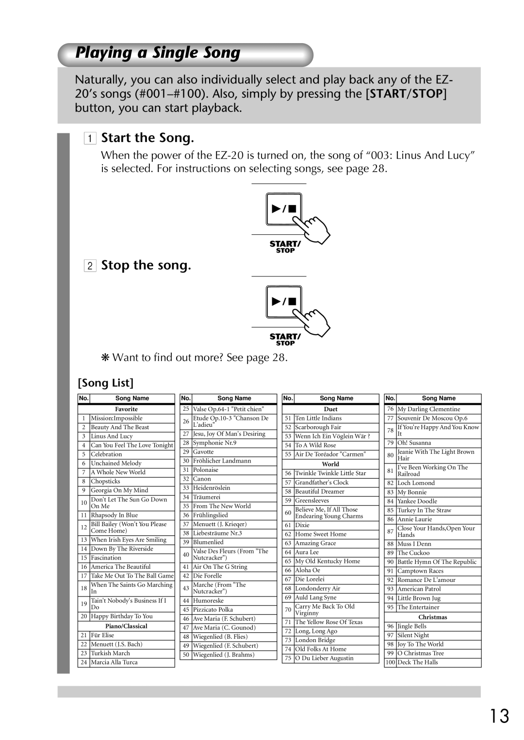 Yamaha EZ-20, Yamaha PortaTone owner manual Playing a Single Song, Start the Song, Stop the song, Song List 