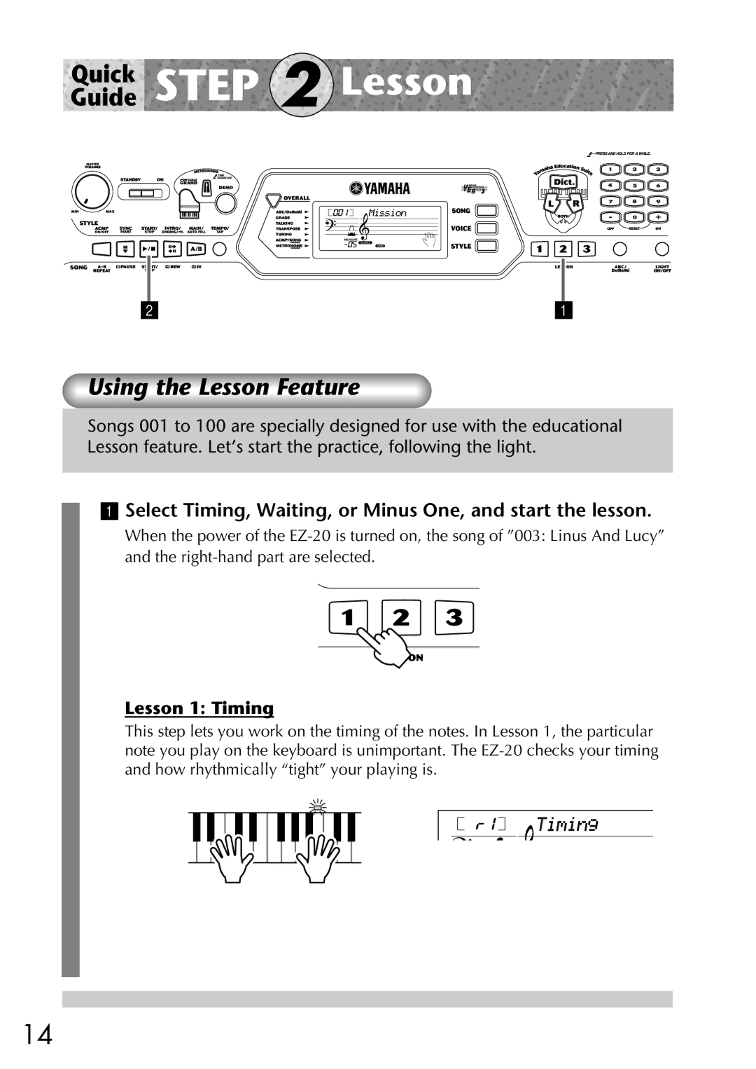 Yamaha Yamaha PortaTone, EZ-20 Using the Lesson Feature, Select Timing, Waiting, or Minus One, and start the lesson 