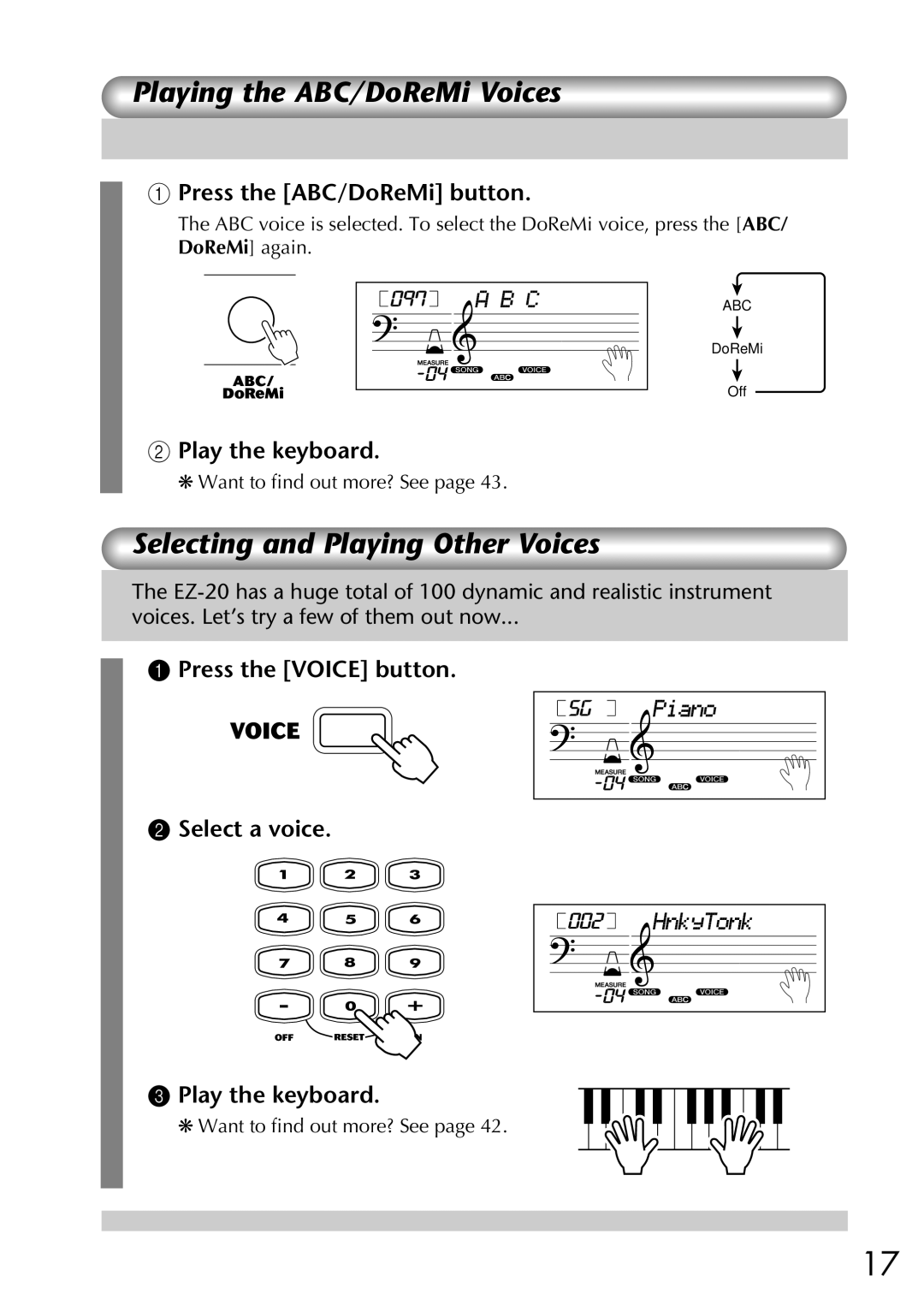 Yamaha EZ-20 owner manual Playing the ABC/DoReMi Voices, Selecting and Playing Other Voices, Press the ABC/DoReMi button 