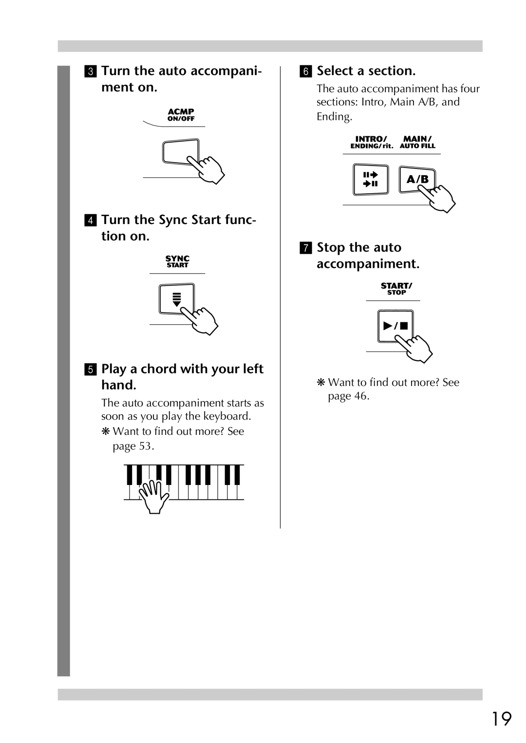 Yamaha EZ-20, Yamaha PortaTone owner manual Select a section, Stop the auto accompaniment 