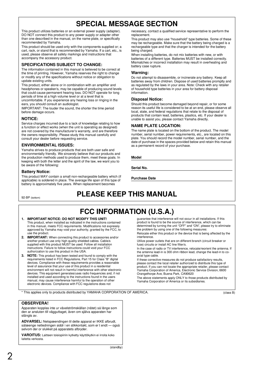 Yamaha Yamaha PortaTone, EZ-20 owner manual Special Message Section 