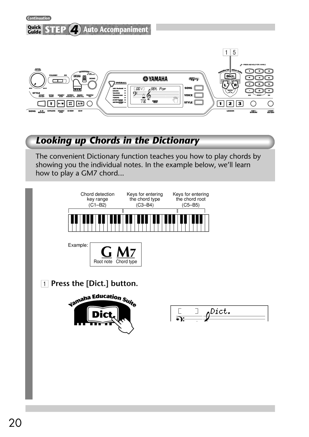 Yamaha Yamaha PortaTone, EZ-20 owner manual Looking up Chords in the Dictionary, Press the Dict. button 