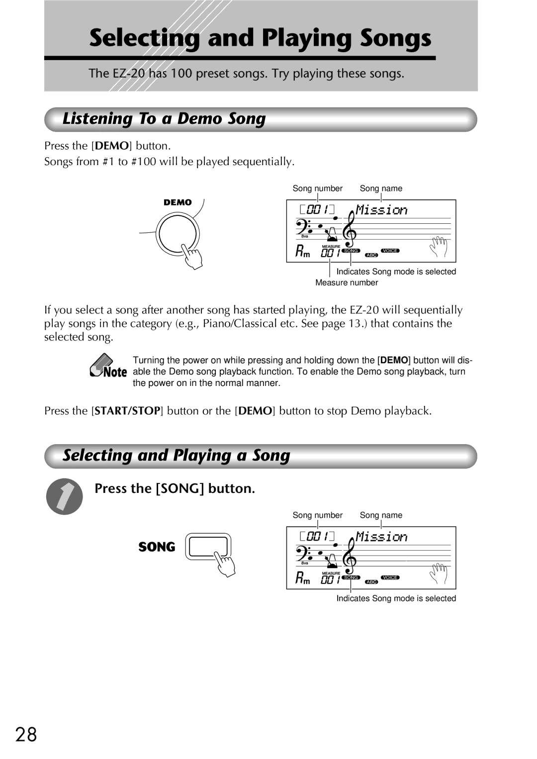 Yamaha Yamaha PortaTone, EZ-20 Selecting and Playing Songs, Listening To a Demo Song, Selecting and Playing a Song 