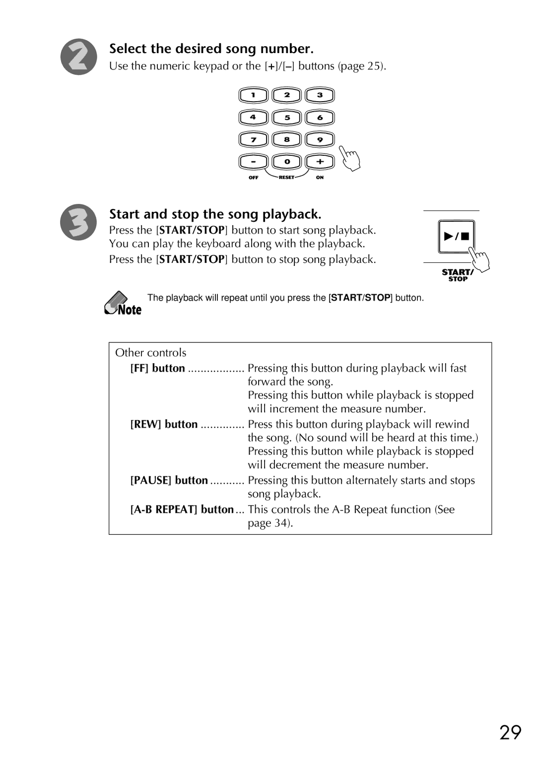 Yamaha EZ-20, Yamaha PortaTone owner manual Select the desired song number, Start and stop the song playback 