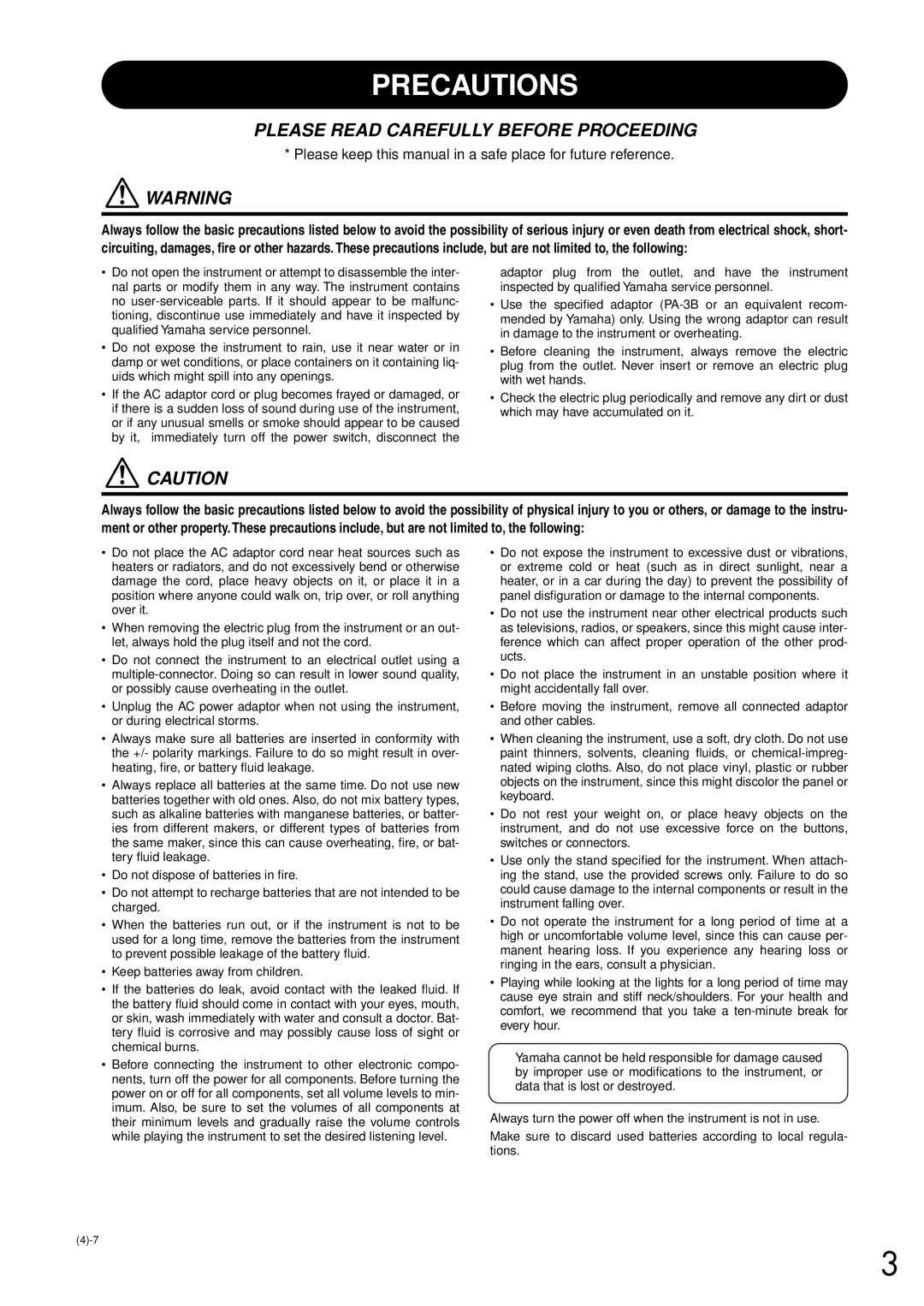 Yamaha EZ-20, Yamaha PortaTone owner manual Precautions 