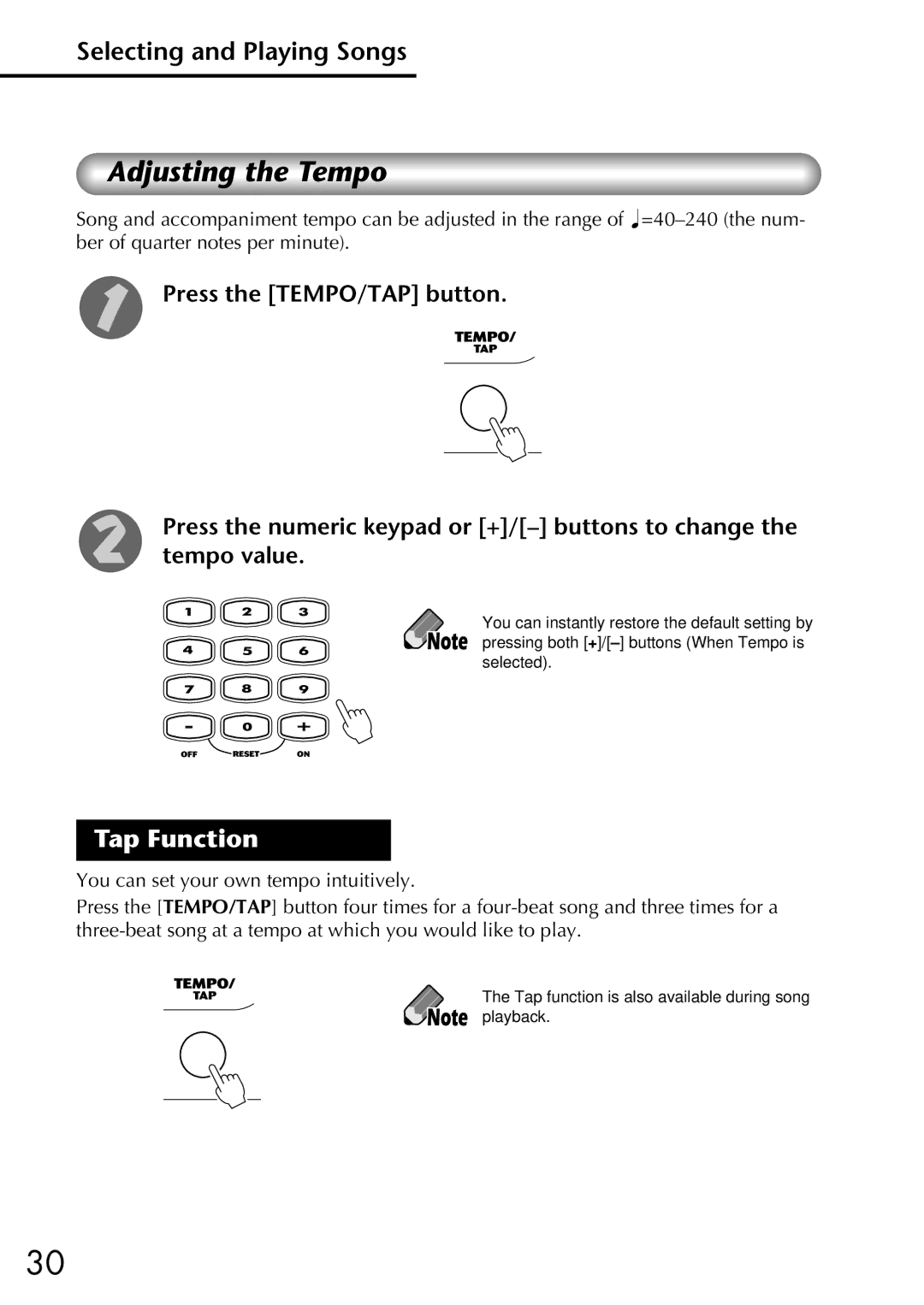 Yamaha Yamaha PortaTone, EZ-20 owner manual Adjusting the Tempo, Tap Function 