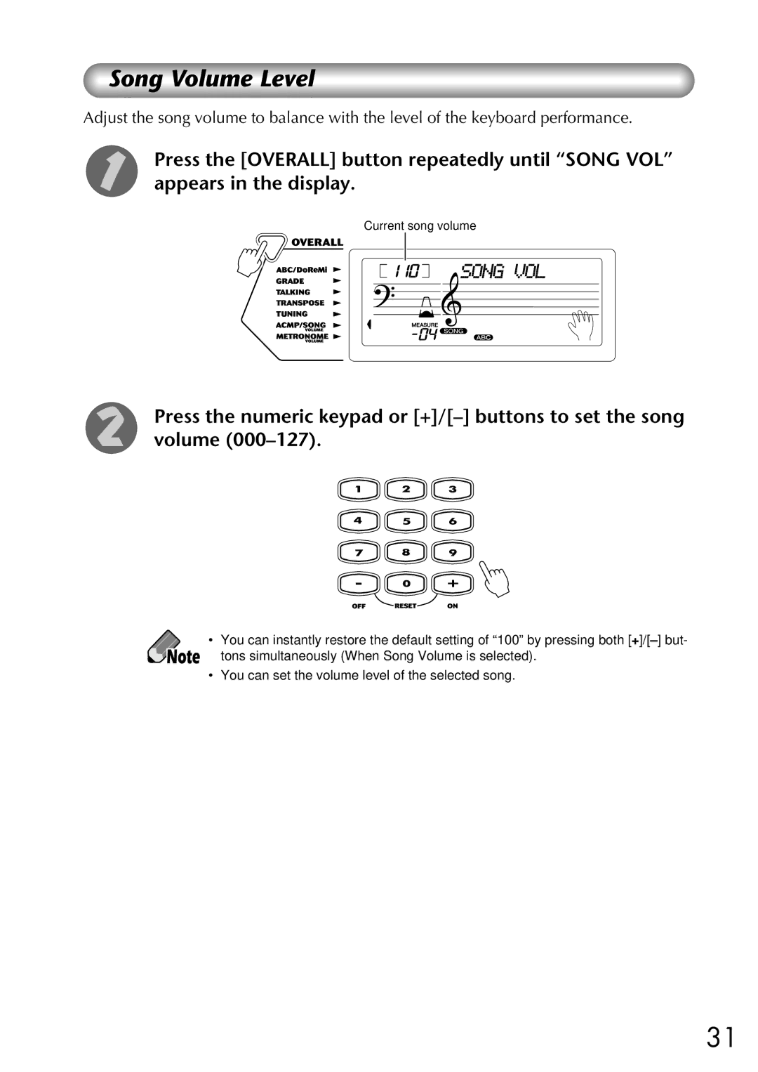 Yamaha EZ-20, Yamaha PortaTone owner manual Song Volume Level 