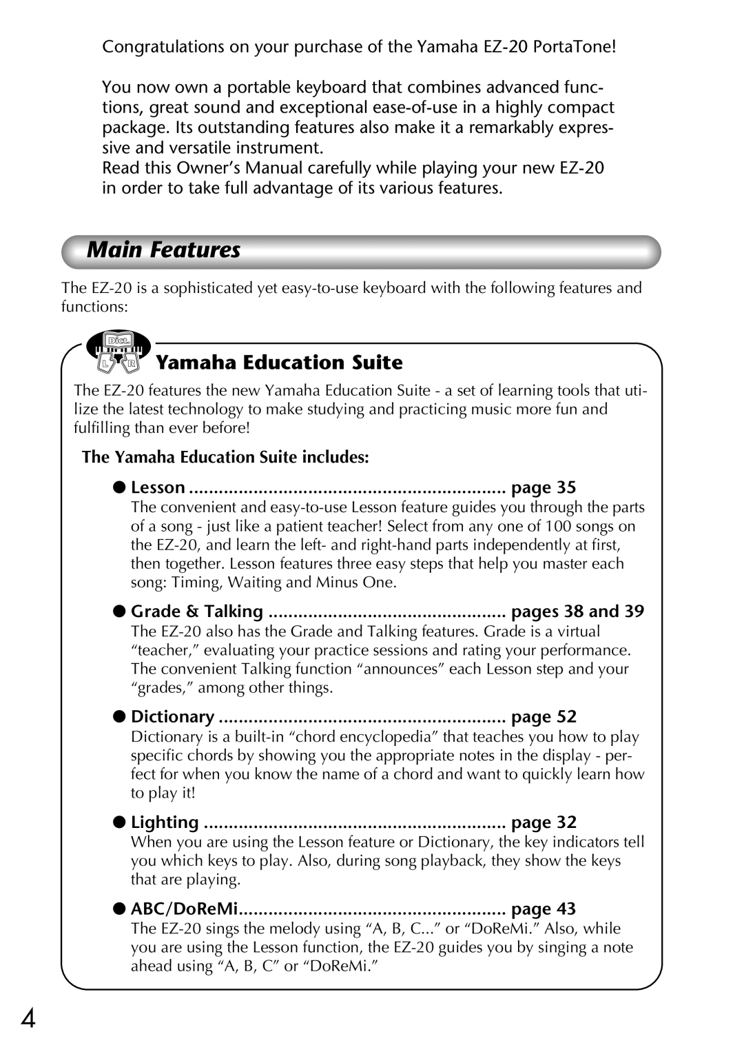 Yamaha Yamaha PortaTone, EZ-20 owner manual Main Features 