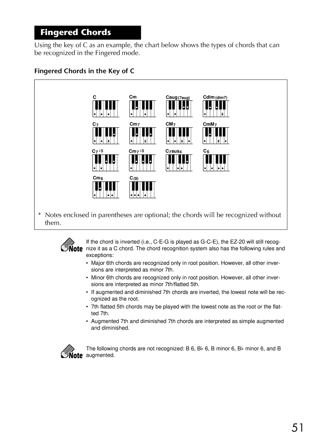 Yamaha EZ-20, Yamaha PortaTone owner manual Fingered Chords in the Key of C 