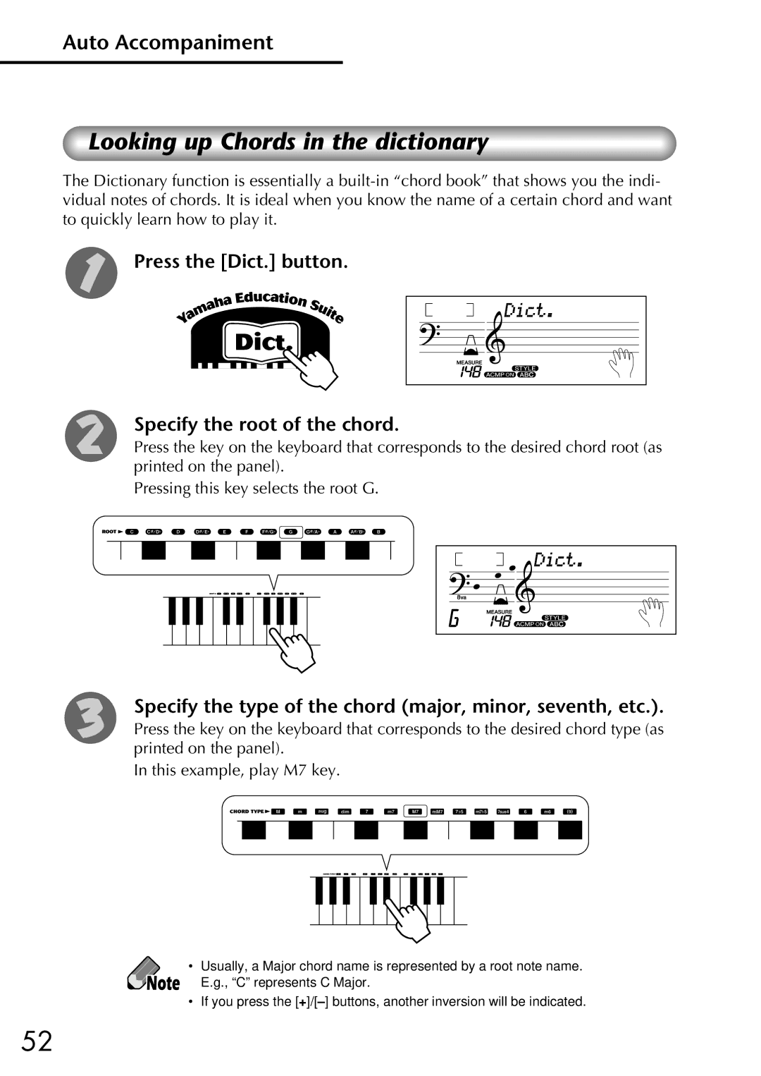 Yamaha Yamaha PortaTone, EZ-20 owner manual Press the Dict. button Specify the root of the chord 