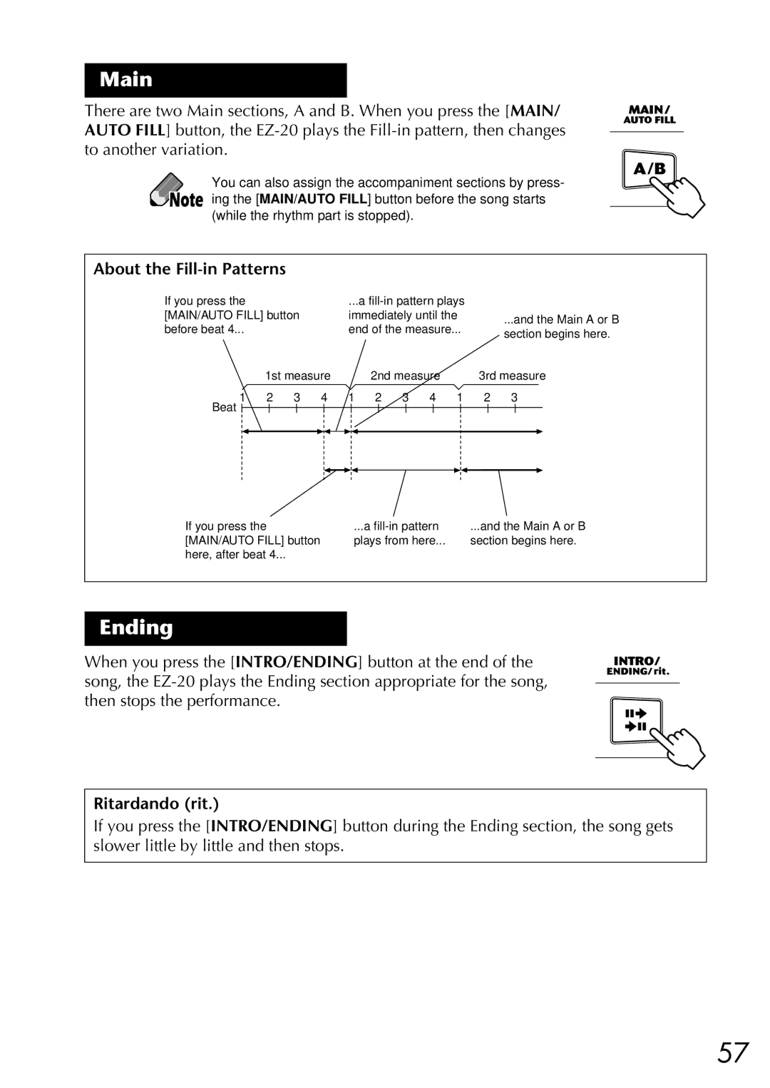 Yamaha EZ-20, Yamaha PortaTone owner manual Main, Ending, About the Fill-in Patterns, Ritardando rit 