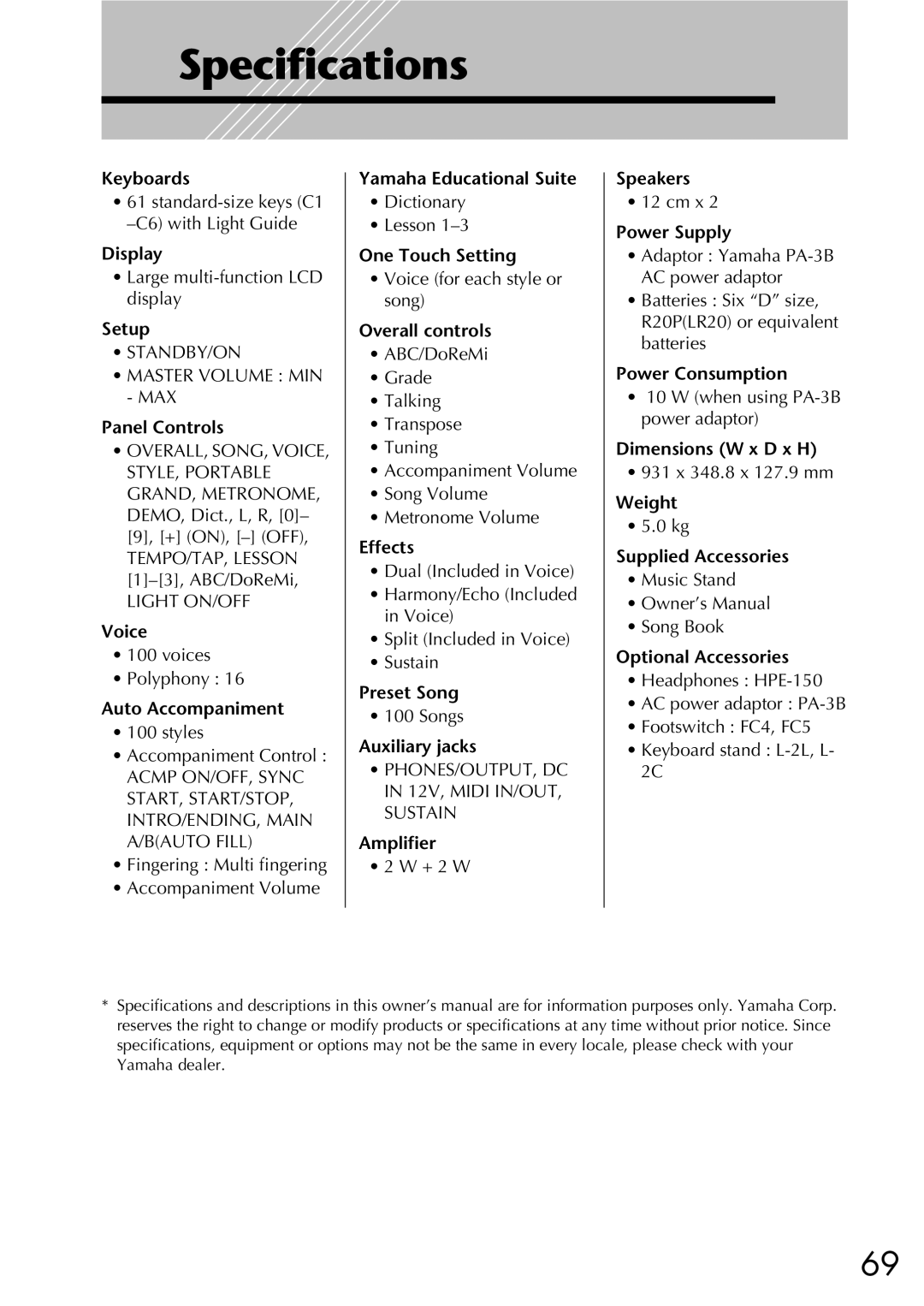 Yamaha EZ-20, Yamaha PortaTone owner manual Speciﬁcations, Panel Controls 