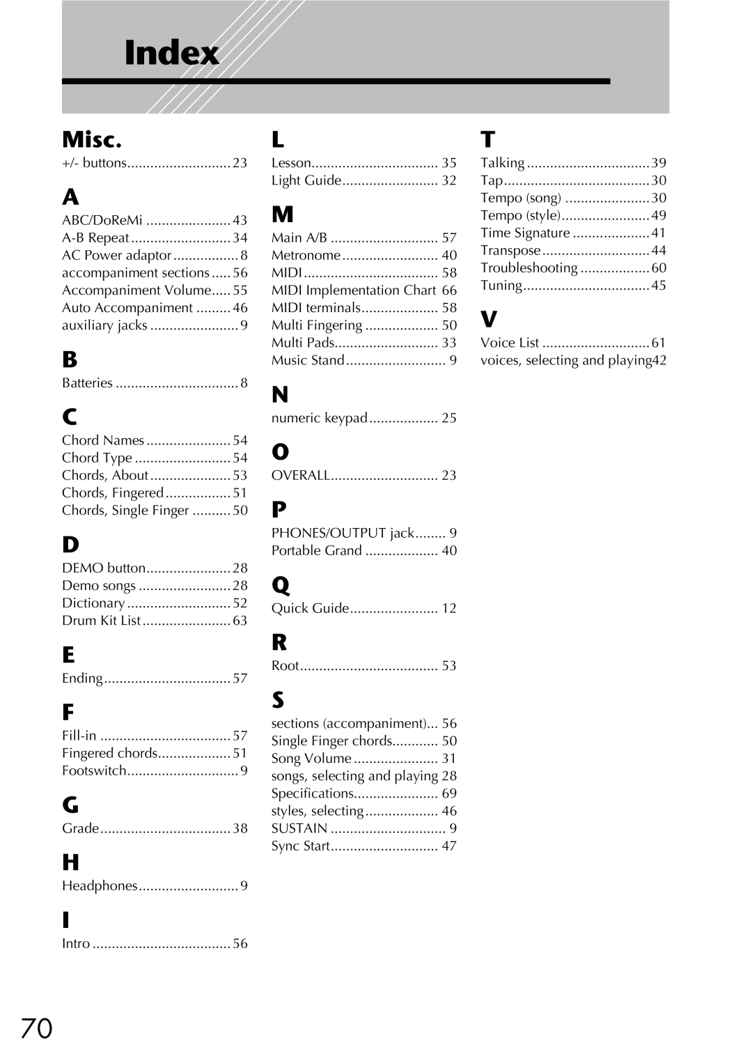 Yamaha Yamaha PortaTone, EZ-20 owner manual Index, Misc 