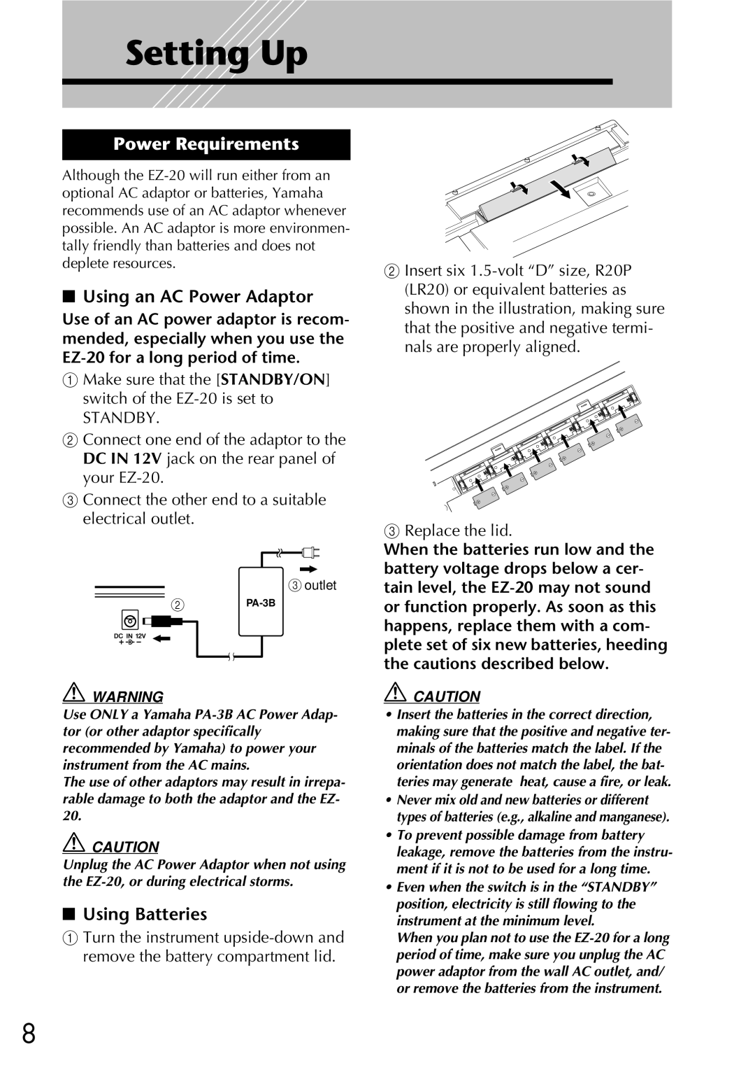 Yamaha Yamaha PortaTone, EZ-20 owner manual Setting Up, Power Requirements, Using an AC Power Adaptor, Using Batteries 