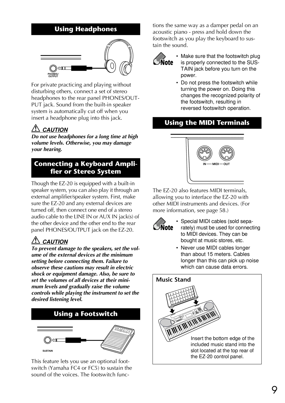 Yamaha EZ-20 Using Headphones, Connecting a Keyboard Ampli ﬁer or Stereo System, Using a Footswitch, Music Stand 