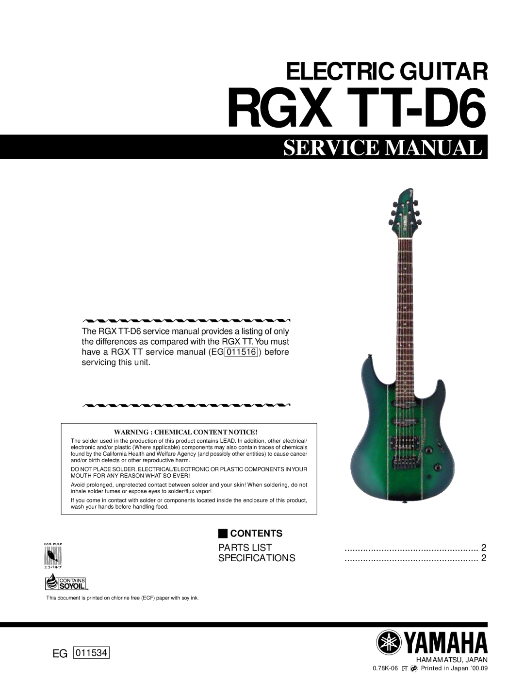 Yamaha Yamaha RGX-TT D6 Electric Guitar service manual RGX TT-D6, Contents 