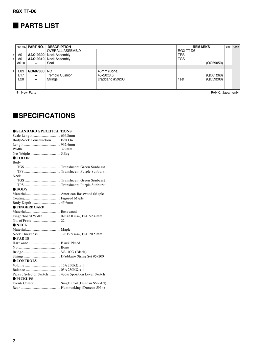 Yamaha RGX TT-D6, Yamaha RGX-TT D6 Electric Guitar service manual Parts List, Specifications, Description Remarks 