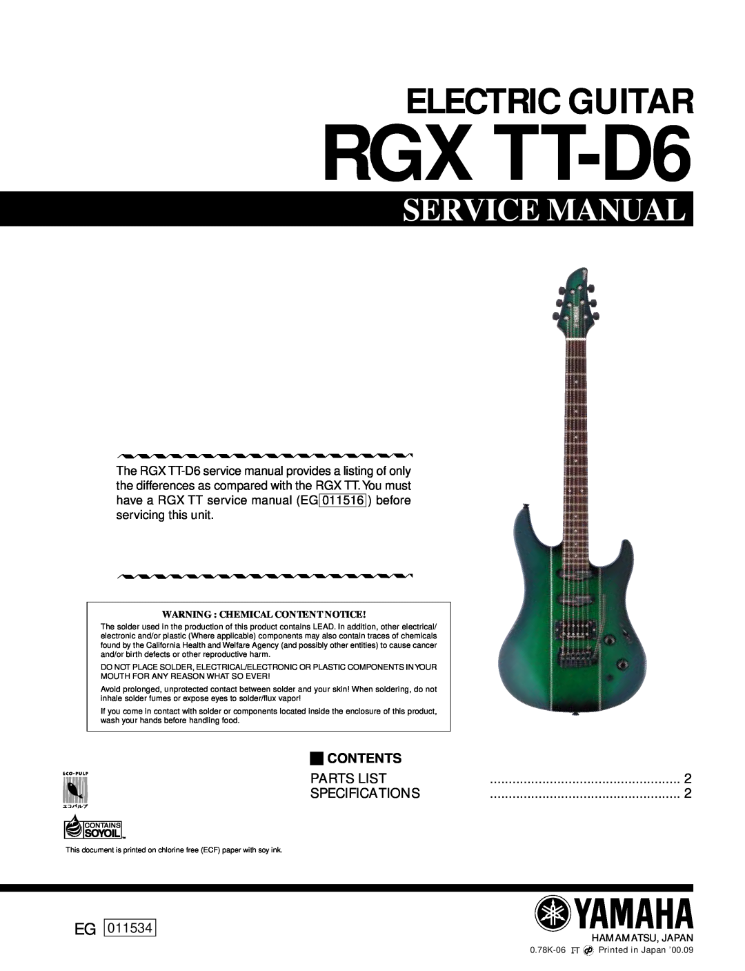 Yamaha Yamaha RGX-TT D6 Electric Guitar service manual Warning Chemical Content Notice, RGX TT-D6, Service Manual, 011534 