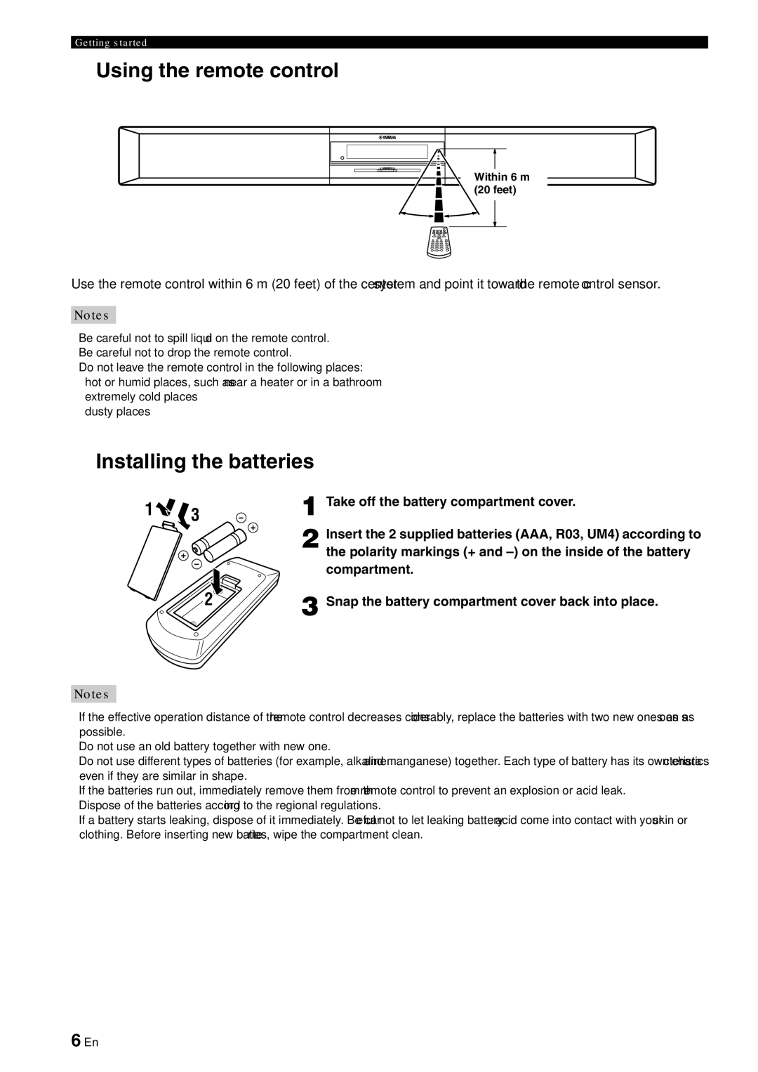 Yamaha YAS-70 owner manual Using the remote control, Installing the batteries 