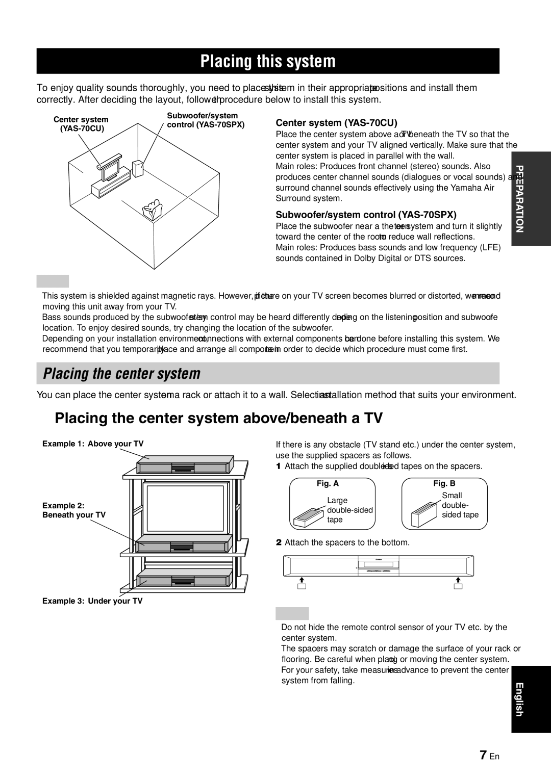 Yamaha owner manual Placing this system, Placing the center system above/beneath a TV, Center system YAS-70CU 