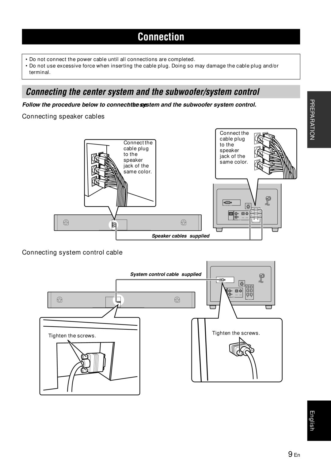 Yamaha YAS-70 owner manual Connection, Connecting speaker cables, Connecting system control cable 