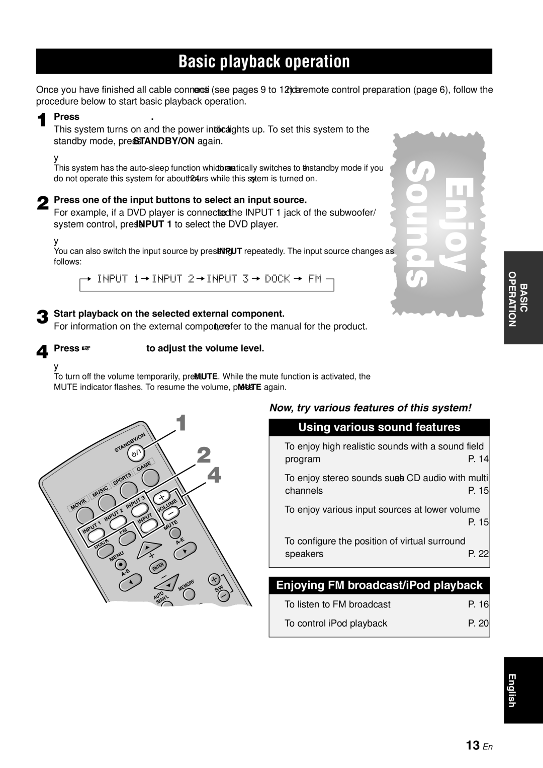 Yamaha YAS-70 owner manual Basic playback operation, Press one of the input buttons to select an input source 