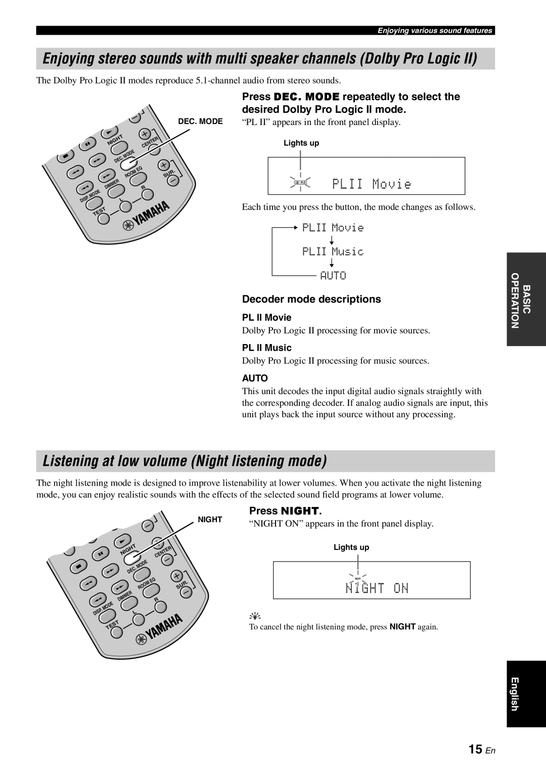 Yamaha YAS-70 Listening at low volume Night listening mode, Decoder mode descriptions, Press Night, PL II Movie 