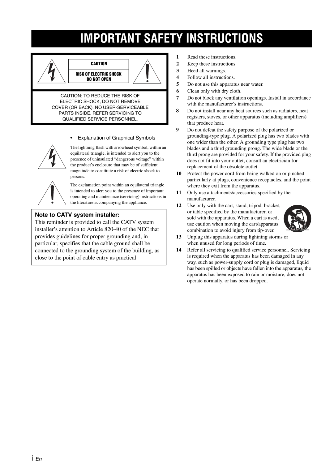 Yamaha YAS-70 owner manual Important Safety Instructions 