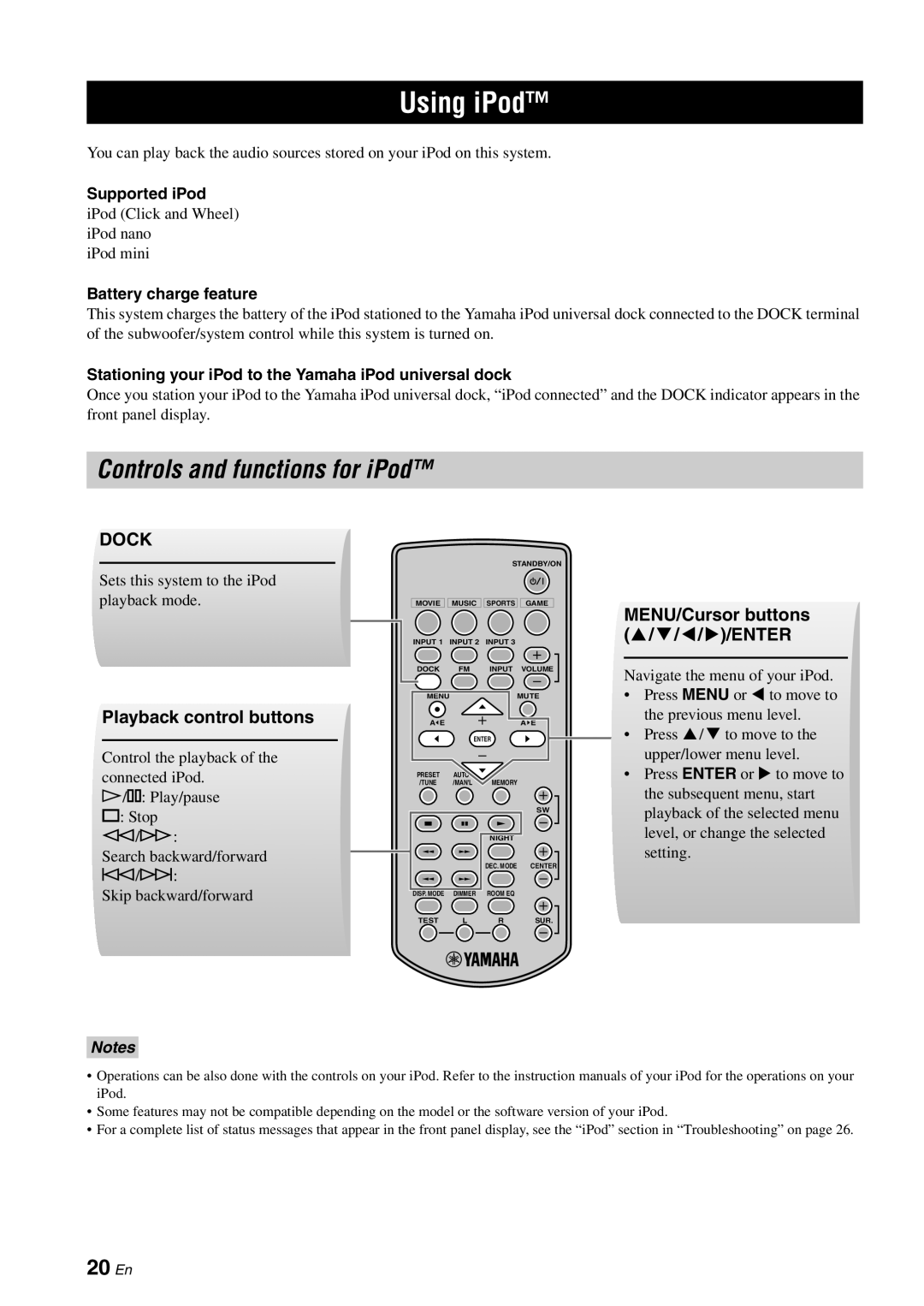 Yamaha YAS-70 owner manual Using iPod, Controls and functions for iPod, Dock, Playback control buttons 