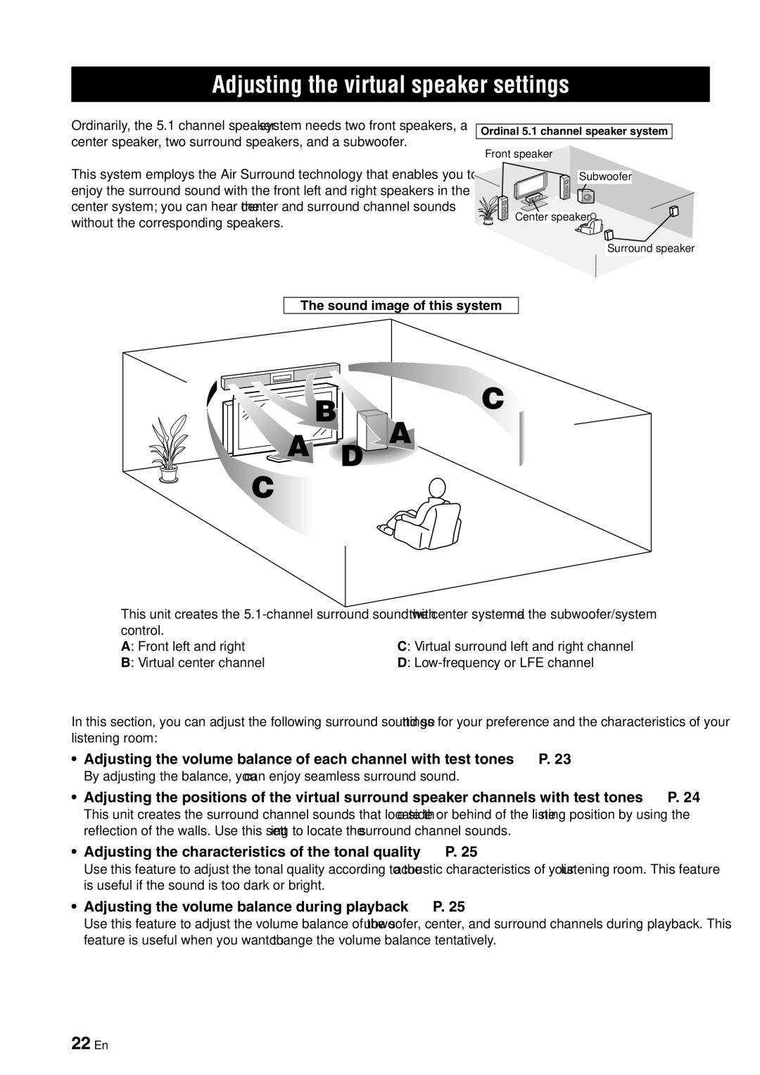 Yamaha YAS-70 owner manual Adjusting the virtual speaker settings, Adjusting the characteristics of the tonal quality P 