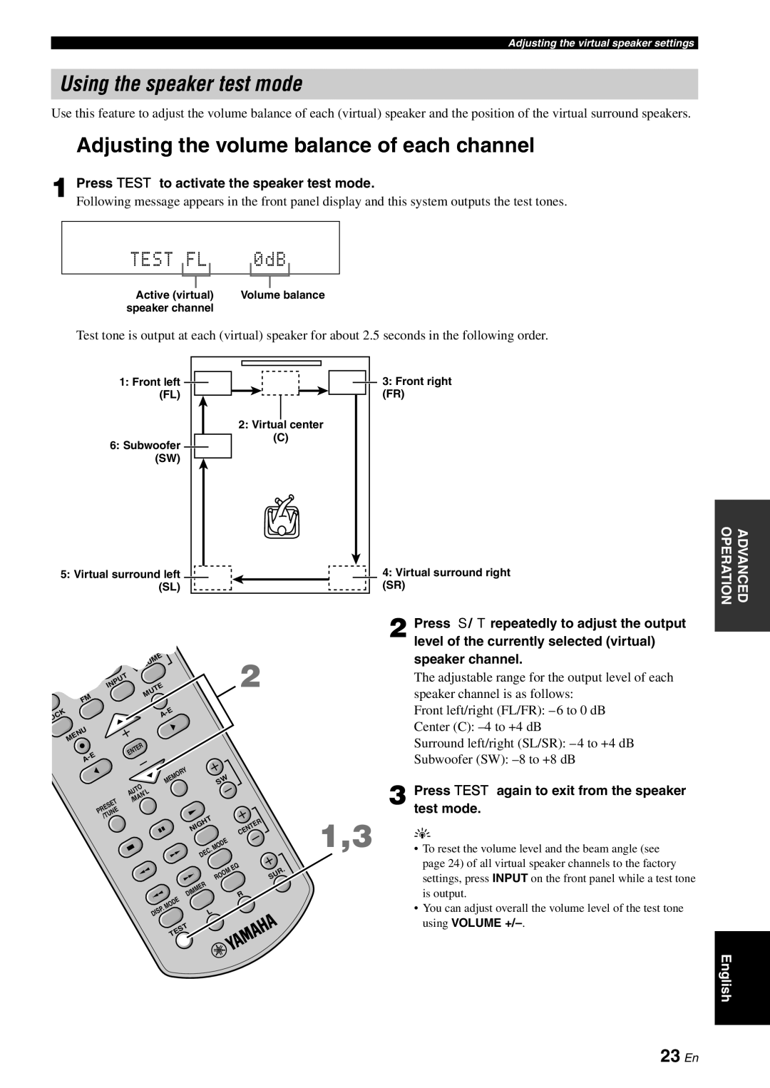 Yamaha YAS-70 owner manual Using the speaker test mode, Adjusting the volume balance of each channel 