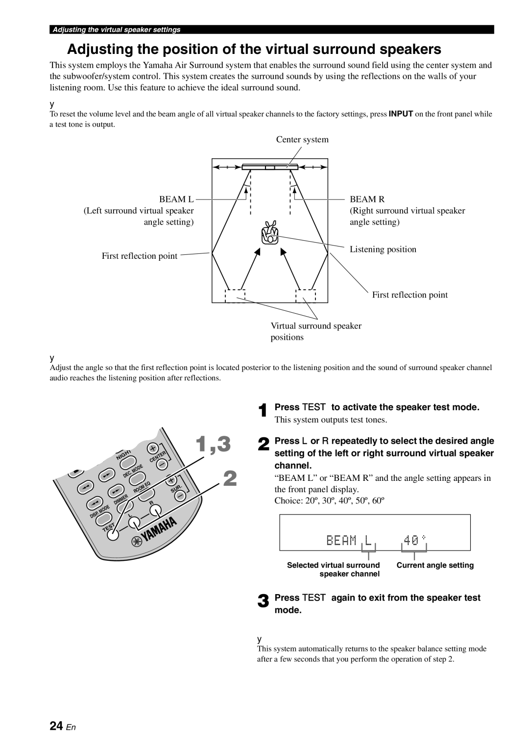 Yamaha YAS-70 Adjusting the position of the virtual surround speakers, Pressmode.TEST again to exit from the speaker test 