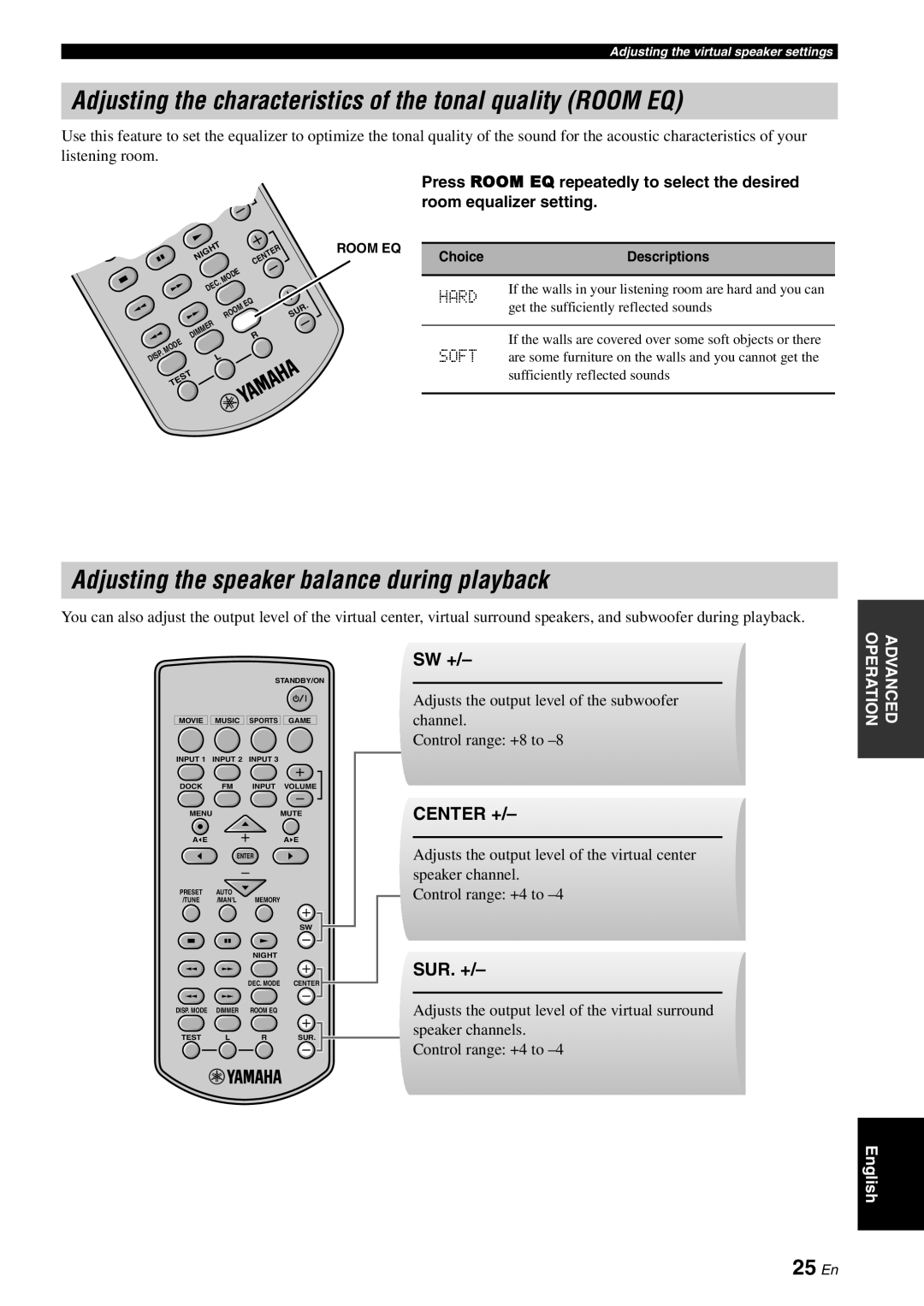 Yamaha YAS-70 Adjusting the characteristics of the tonal quality Room EQ, Adjusting the speaker balance during playback 