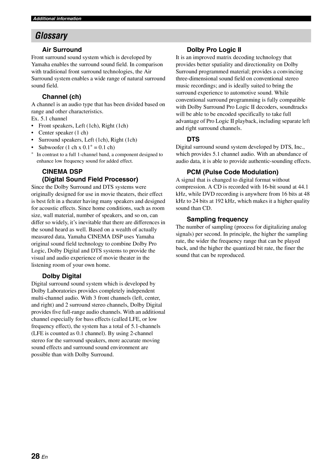 Yamaha YAS-70 owner manual Glossary, Cinema DSP, Dts 