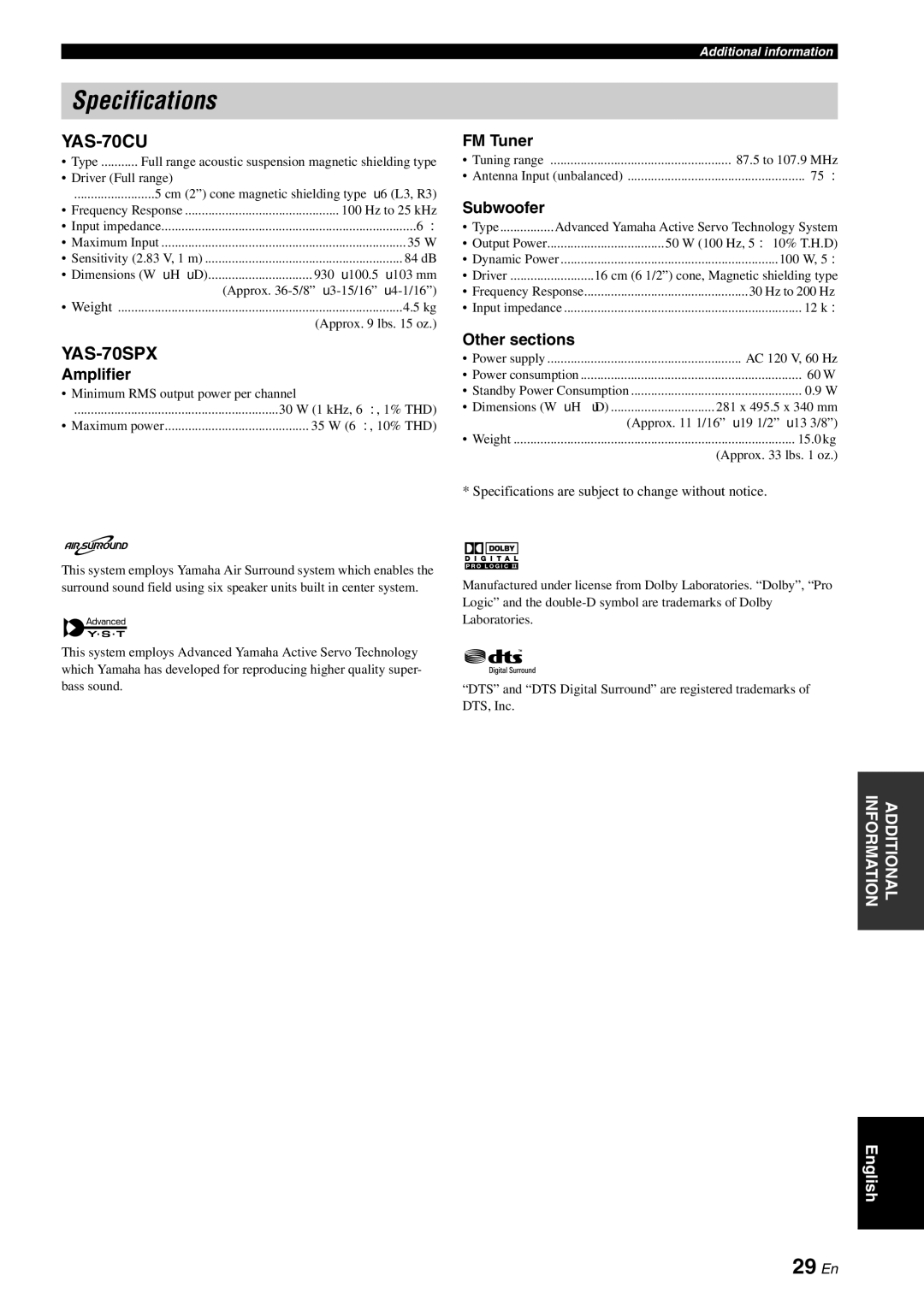 Yamaha owner manual Specifications, YAS-70CU, YAS-70SPX 