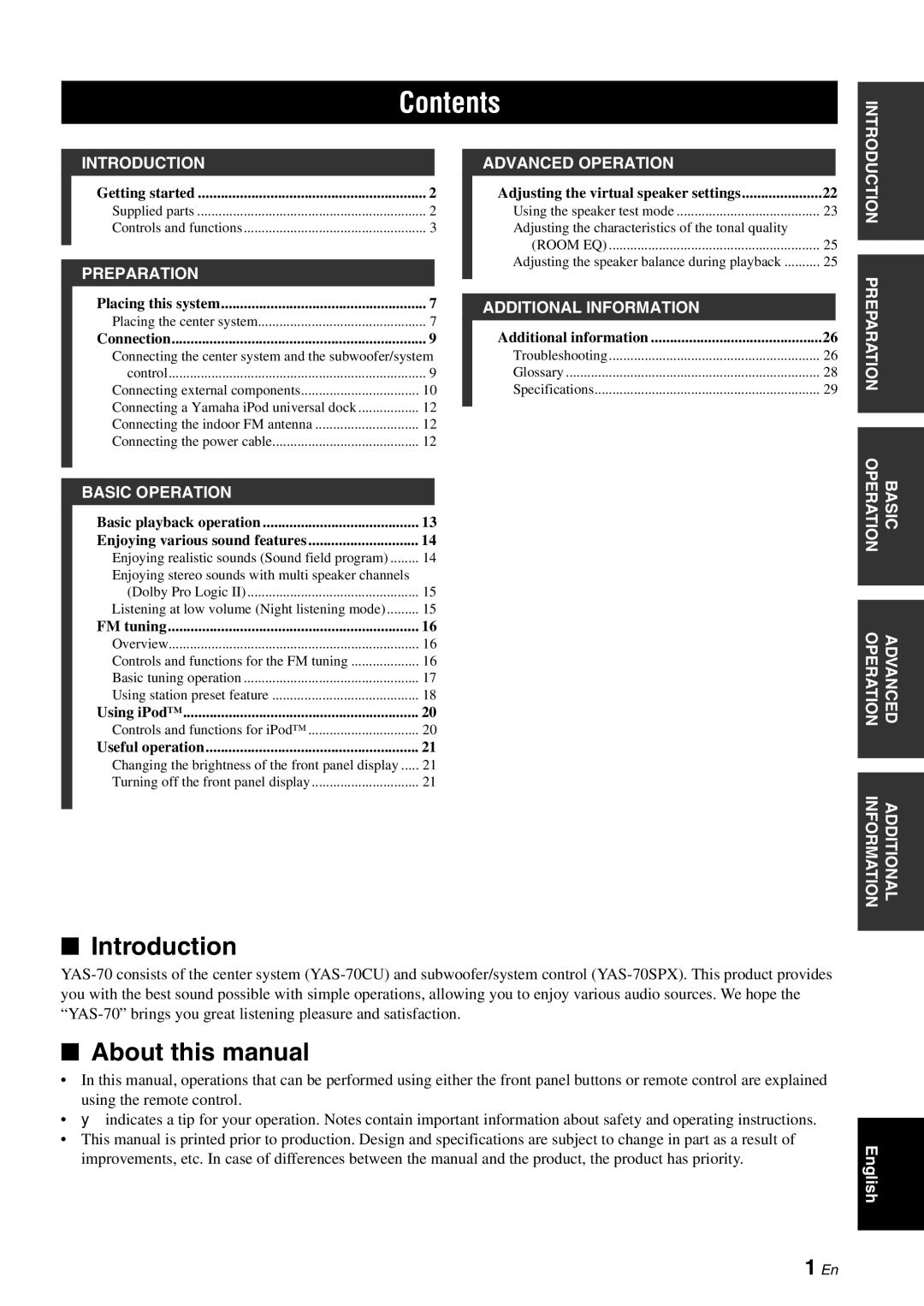 Yamaha YAS-70 owner manual Contents 