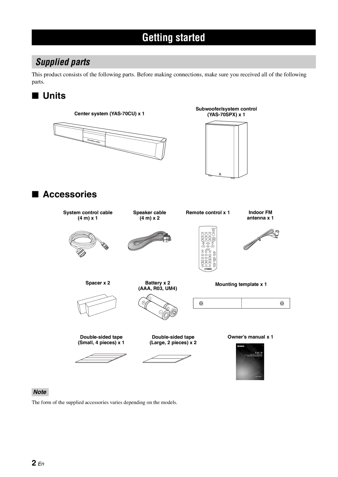 Yamaha YAS-70 owner manual Getting started, Supplied parts, Units, Accessories 