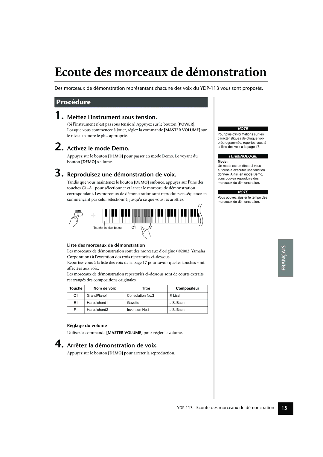 Yamaha YDP-113 Ecoute des morceaux de démonstration, Liste des morceaux de démonstration, Réglage du volume, Mode 