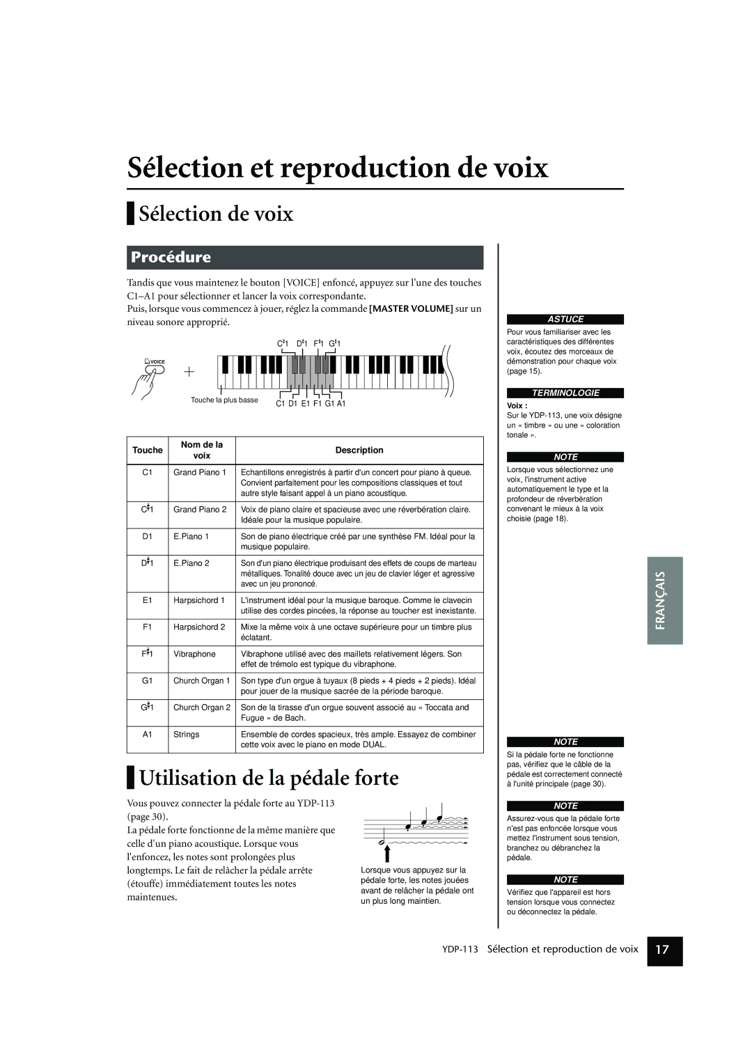 Yamaha YDP-113 owner manual Sélection et reproduction de voix, Sélection de voix, Utilisation de la pédale forte, Voix 