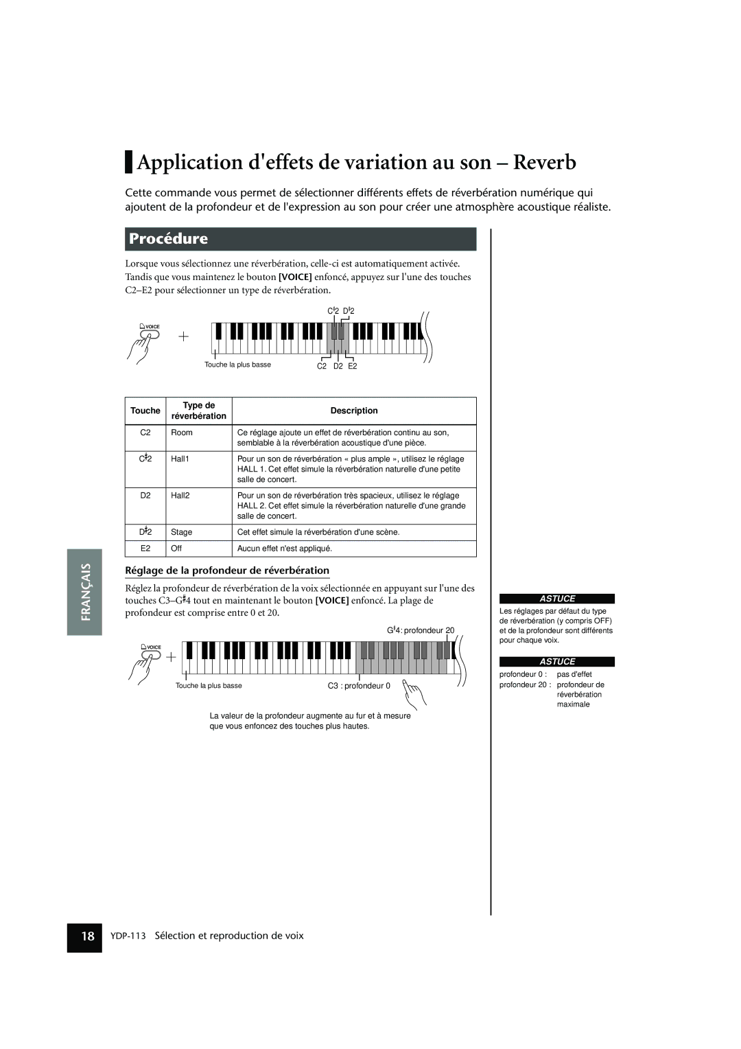 Yamaha YDP-113 Application deffets de variation au son Reverb, Réglage de la profondeur de réverbération, Touche 