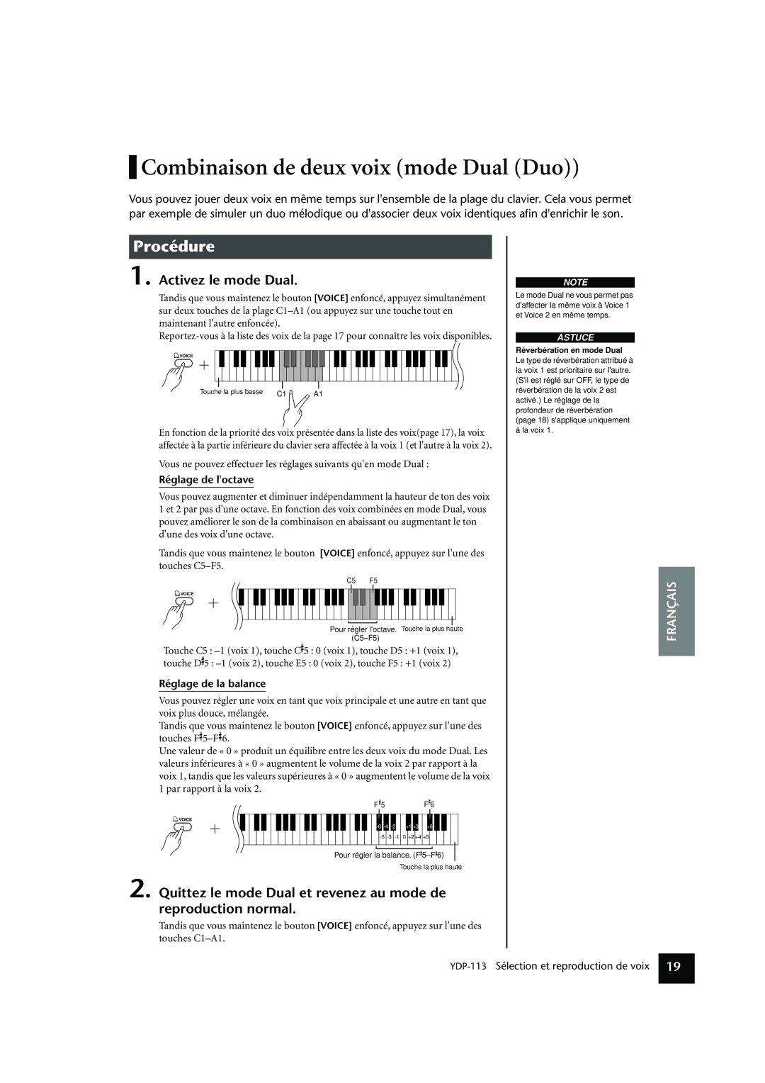 Yamaha YDP-113 owner manual Combinaison de deux voix mode Dual Duo, Réglage de loctave, Réglage de la balance 